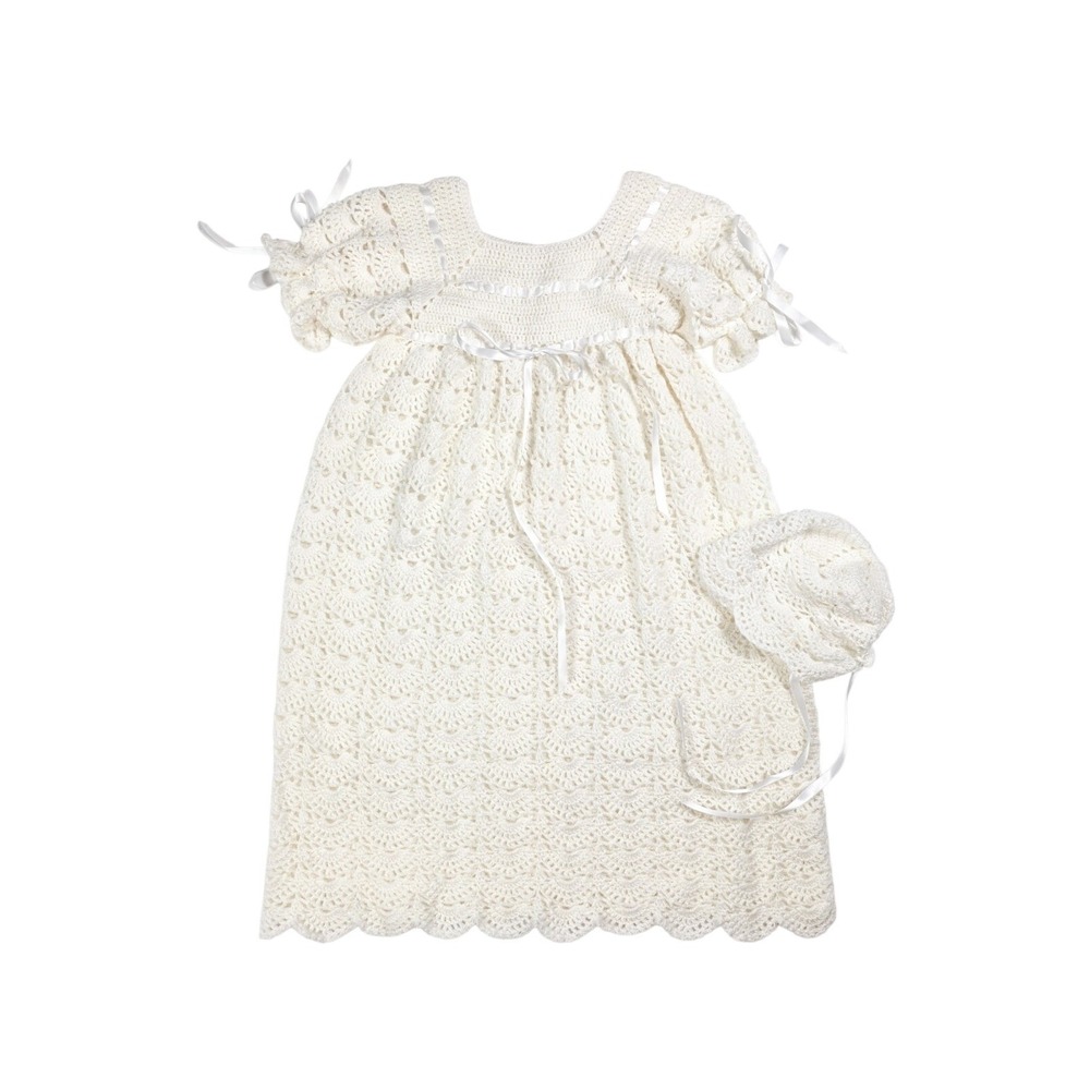 Artisan Christening Knitted Long Dress w/ Bonnet & Booties Baby Size 6-9 months